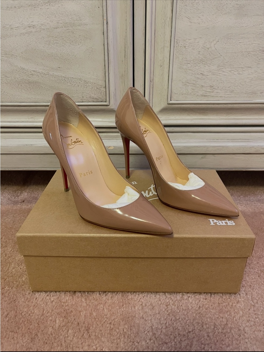 Christian Louboutin Nude Patent Pointed-Toe Stilettos with Red Soles